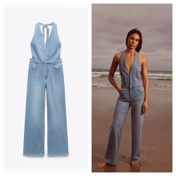 ZARA DENIM HALTER NECK JUMPSUIT - Picture 1 of 7